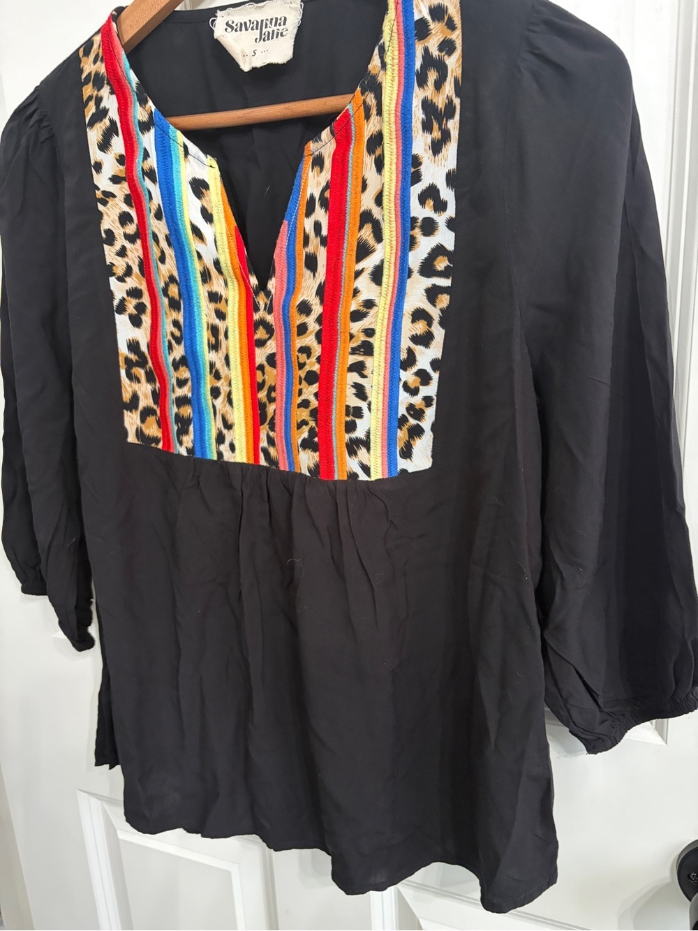 Like new Savanna Jane Black Blouse. Multicolor Embroidered Leopard Yoke Size S - Picture 4 of 9